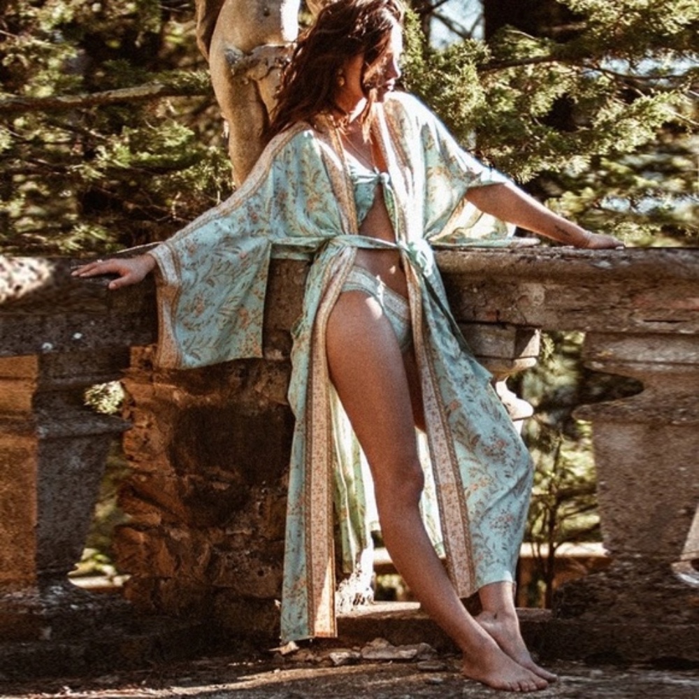 Boho Gypsy mint Floral Print Kimono Cover up - Picture 2 of 12
